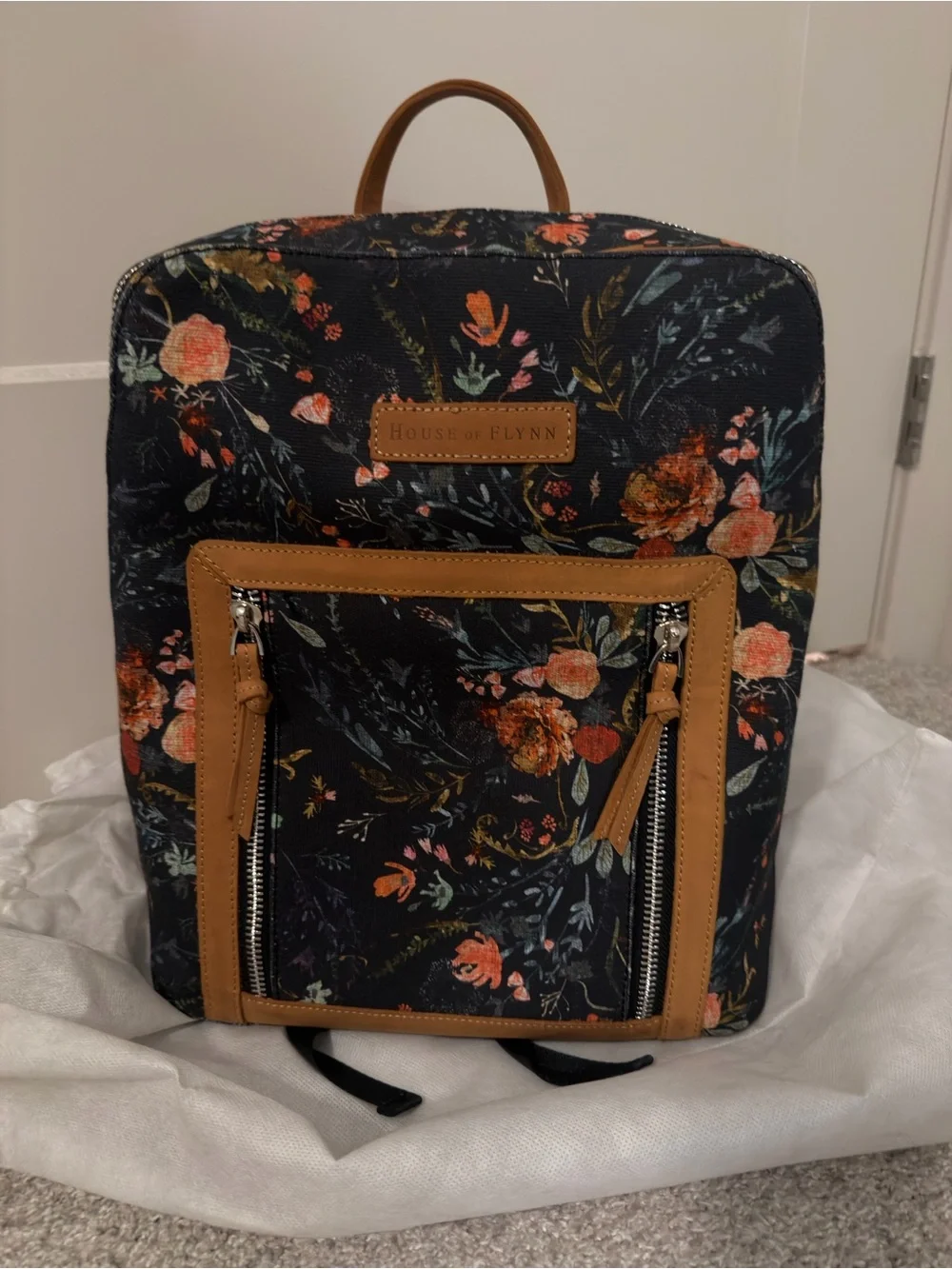 House of Flynn Floral Canvas Olivia Backpack in Black